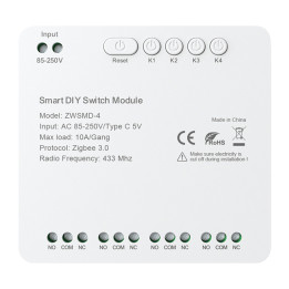 ZigBee 4 kanālu slēdža modulis ar bezsprieguma līdzstrāvas 32V kontaktu Avatto ZWSMMD-4-250V