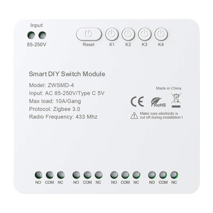 ZigBee 4 kanālu slēdža modulis ar bezsprieguma līdzstrāvas 32V kontaktu Avatto ZWSMMD-4-250V