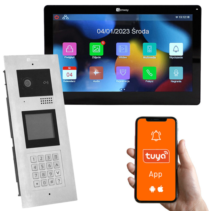 Genway KIT-F-M91-V13C-1 daudzdzīvokļu video durvju zvana komplekts ar skārienekrāna monitoru, 1 ģimene, piekļuve kodam/kartei/at