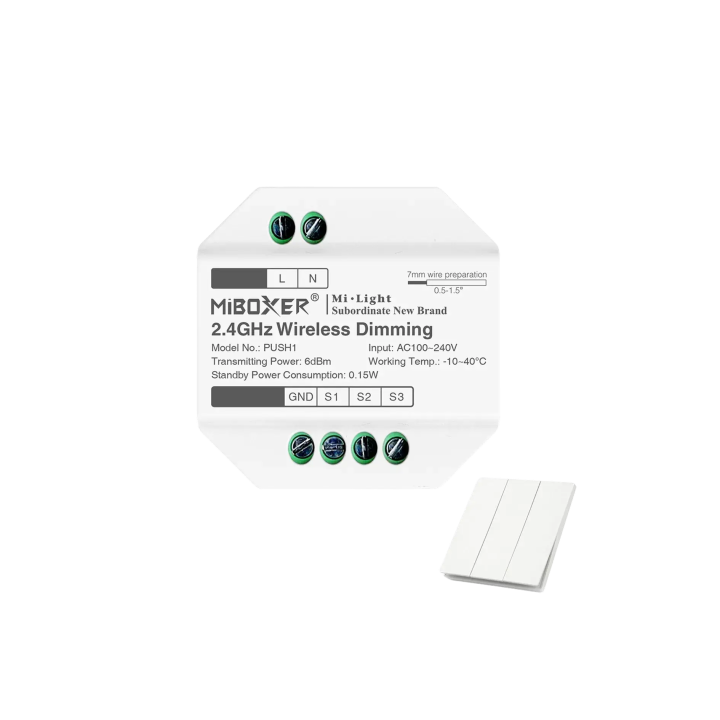 Bezvadu 2,4 GHz RGB+CCT 100–230 V relejs PUSH1