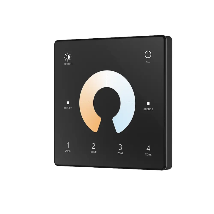 Tālvadības pults CCT LED panelis plāns, melns pie sienas stiprināms 4 zonu LED RF 2,4 GHz SD sērija