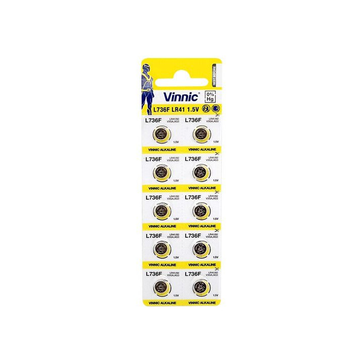Vinnic L736F / AG3 / LR41 / 192 / V3GA 1.5V 43mAh Alkaline pulksteņa baterijas 10 gab.