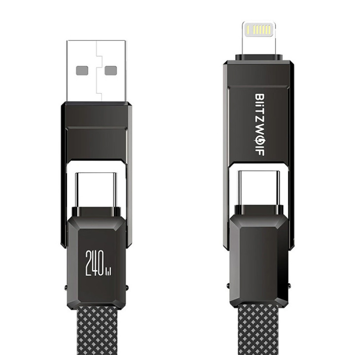 Blitzwolf BW-HDC7 4-in-1 USB+C+Lightning kabelis 240W 1,2m (melns)