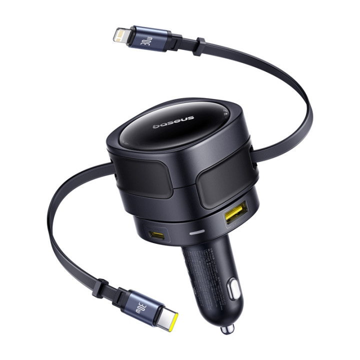 Baseus Enjoyment Max automašīnas lādētājs ar USB-C+Lightning kabeļiem un USB-A+USB-C pieslēgvietām 90W melns