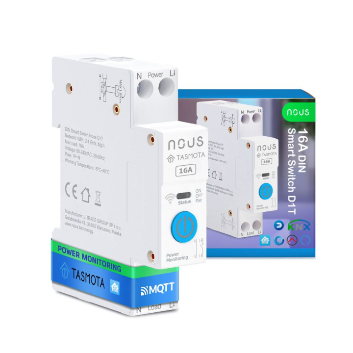 Nous D1T ar DIN sliedi saderīgs Wi-Fi releja modulis ar Tasmota programmaparatūru, saderīgs ar materiālu, 16A