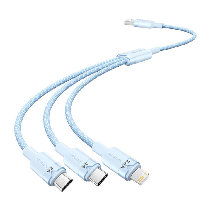USB 2.0 A līdz 3in1 3A kabelis Vention CTPLG 1.5M (zils)