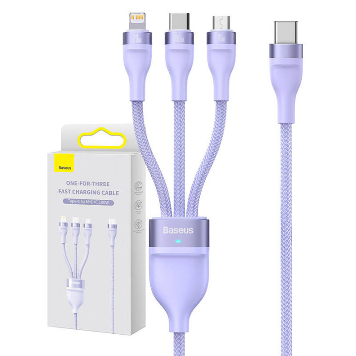 Кабель USB 3w1 Baseus Flash Series 2, USB-C + micro USB + Lightning, 100Вт, 1,5м (фиолетовый)