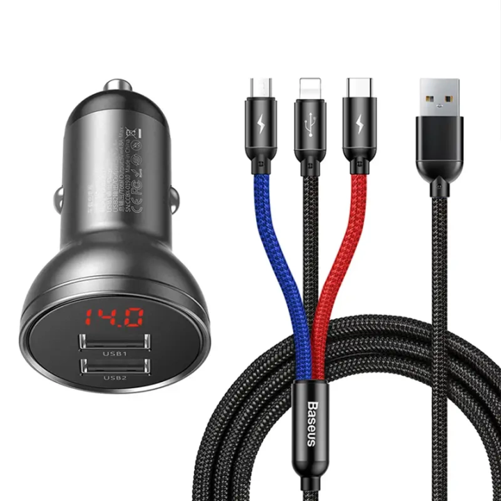 Автомобильное зарядное устройство Baseus с дисплеем 24Вт + кабель USB 3в1 Baseus Three Primary Colors 1,2м