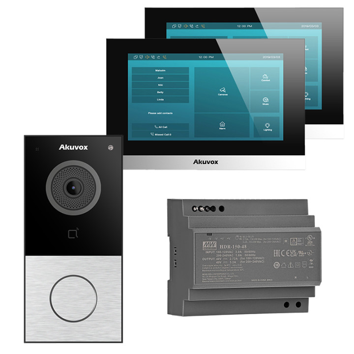 Akuvox 2 vadu video domofona komplekts: E12S-2 āra paneļa sudraba krāsa + 2x C313W-LP-2 7 collu skārienekrāna monitori
