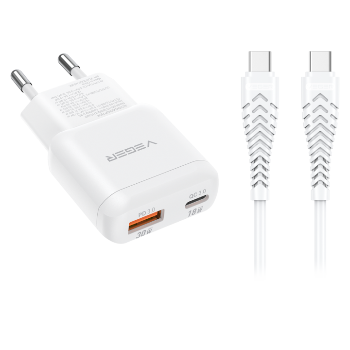 VEGER VG-TR120-Kit-30W1A1C 30W USB-C un USB-A sienas lādētājs ar ātro uzlādi