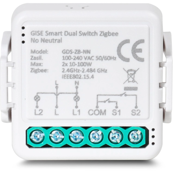 GISE Smart GDS-ZB-NN – duāls Zigbee releja modulis bez nulles vada