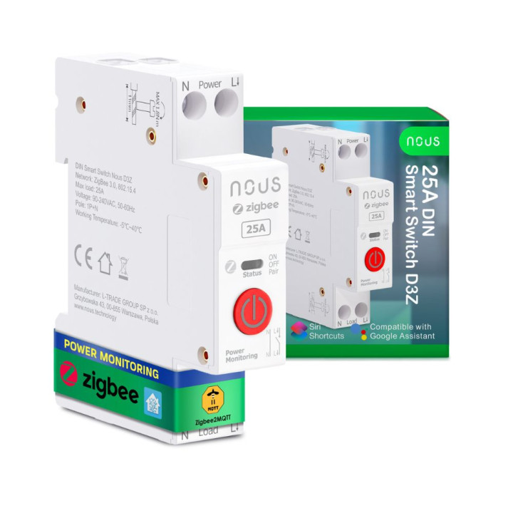 Nous D3Z — ar DIN savietojams viedais Tuya Zigbee releja modulis, 25A