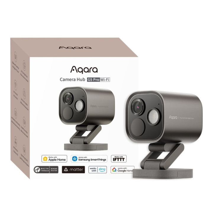 Aqara G5 Pro kameras centrmezgls – HomeKit Secure Video, Zigbee un Thread vārteja, Wi-Fi, pelēks, āra IP65