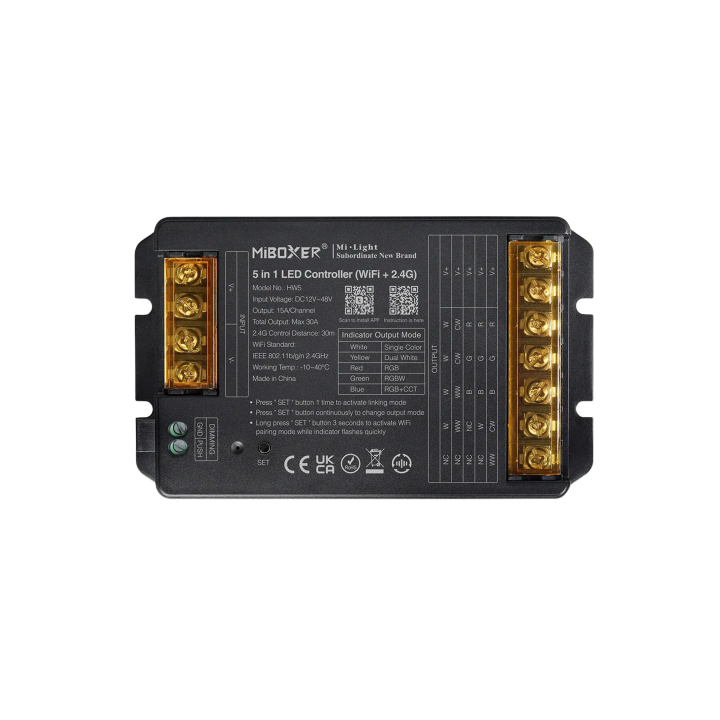 Kontrolieris 5in1 RGB+CCT 12-48V 30A WiFi+Bluetooth+2.4G HW5