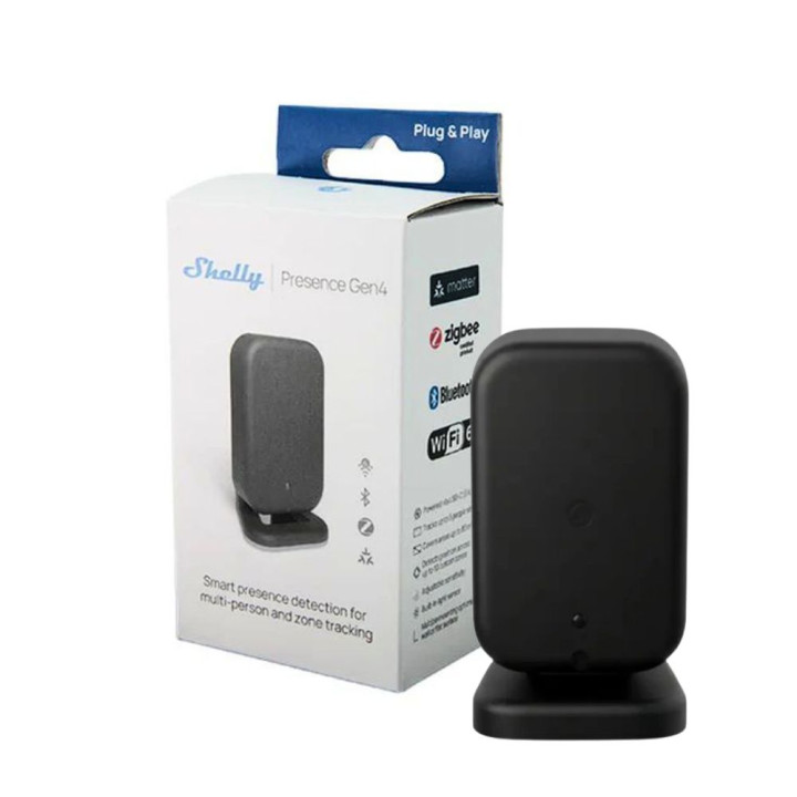 Shelly Presence Gen4 — mmWave klātbūtne, gaismas un temperatūras sensors, Zigbee, Wi-Fi, Bluetooth, Matter, melns