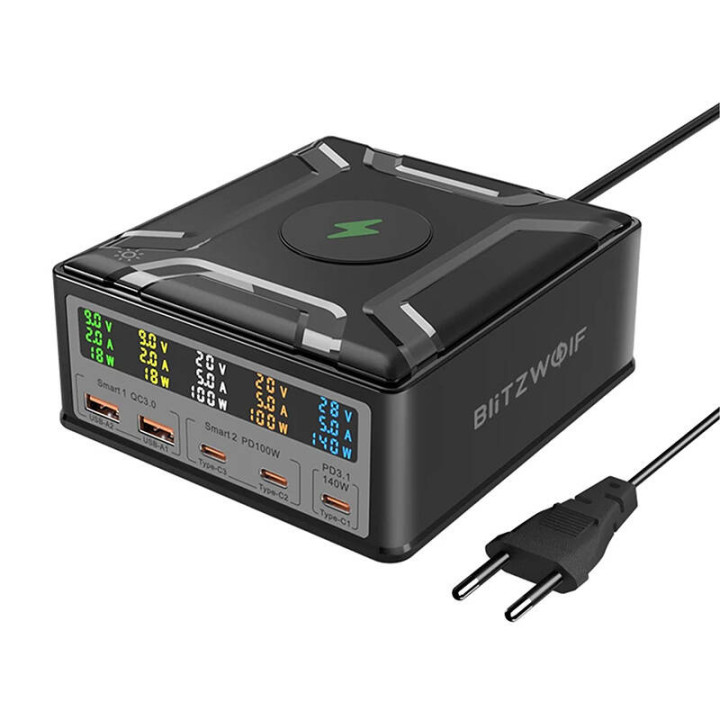 Blitzwolf BW-S28 260W, 2xUSB-A, 3xUSB-C, 15W bezvadu lādētājs (melns)