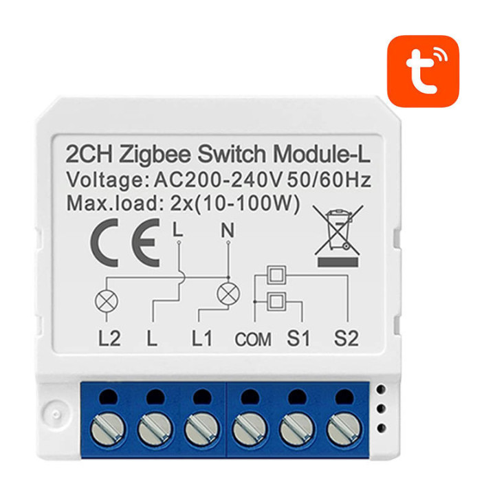Viedā slēdža modulis ZigBee Avatto LZWSM16-W2 bez neitrāla TUYA
