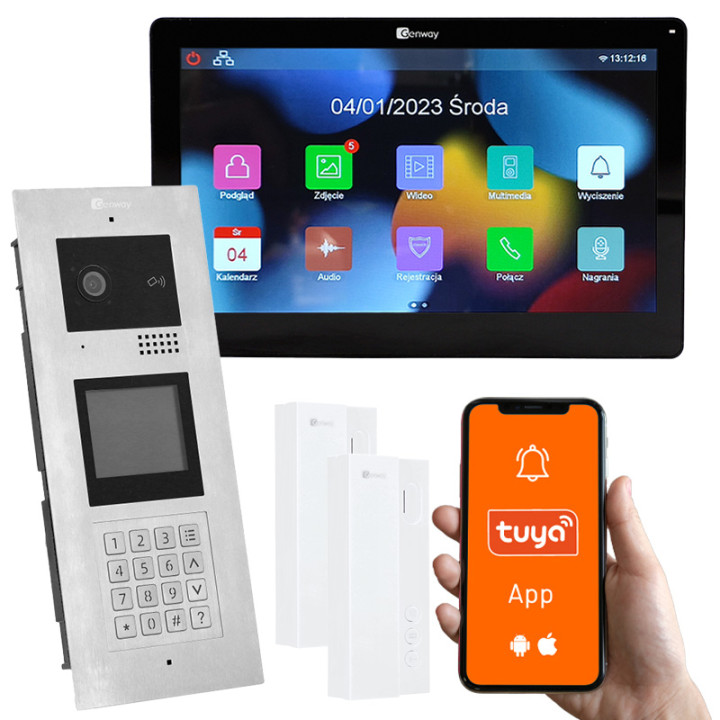 Genway KIT-F-M91-V13C-A01 daudzdzīvokļu video domofonu komplekts 2 ģimenēm ar papildu klausuli, kodu/karti/fob ieeju, Tuya viedt