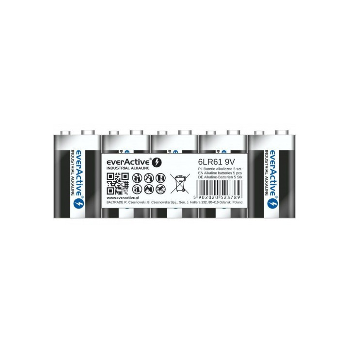 5x everActive Pro Alkaline 9V 550mAh 6LR61 6LF22 E-Block Profesionāls rūpnieciskais akumulators 5gab