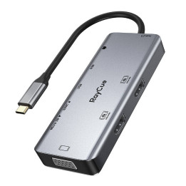 Hub 9in1 RayCue USB-C līdz 2x USB-A 3.0 5Gbps + 2x SD/TF 3.0 + 2x HDMI 4K30Hz + VGA 1080p + ligzda 3,5mm + PD 3.0 100W (pelēks)