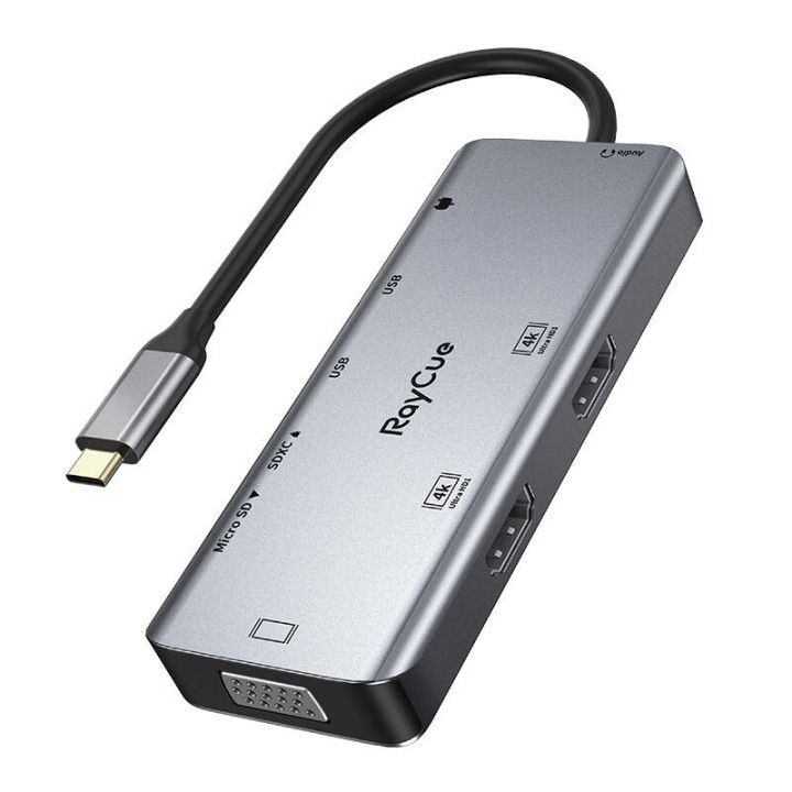 Hub 9in1 RayCue USB-C līdz 2x USB-A 3.0 5Gbps + 2x SD/TF 3.0 + 2x HDMI 4K30Hz + VGA 1080p + ligzda 3,5mm + PD 3.0 100W (pelēks)
