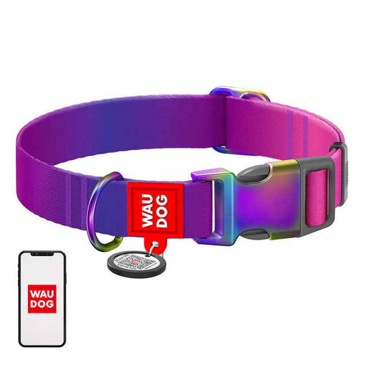 Neilona suņu kaklasiksna ar QR kodu WAUDOG 15 mm plata, 25-35 cm gara violeta