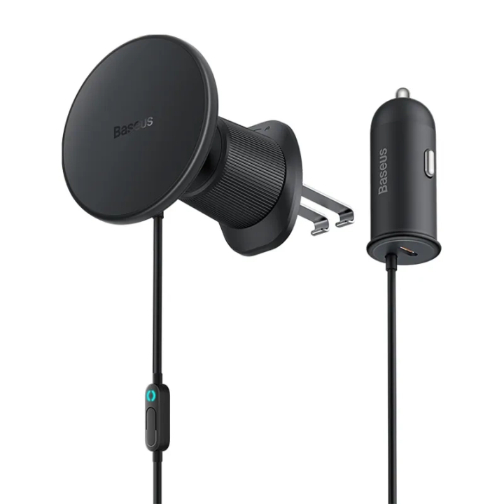 Magnētiskais automašīnas tālruņa turētājs Baseus CW01 līdz ventilācijas režģim ar automašīnas lādētāju USB-C, 15 W + 25 W (melns