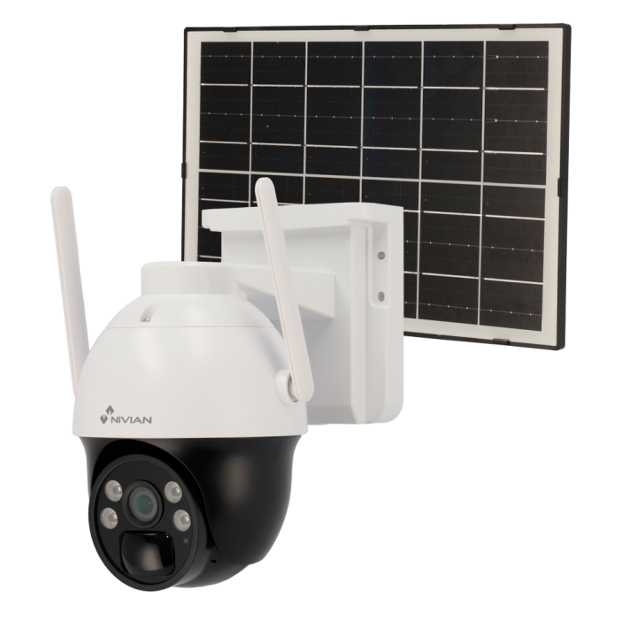 NIVIAN RETAIL NV-CAM02S-SOLAR4G 4MP PTZ IP kamera ar saules paneli, 4G LTE, PoE, IP66, 30m IR, dubultā apgaismošana, ONVIF