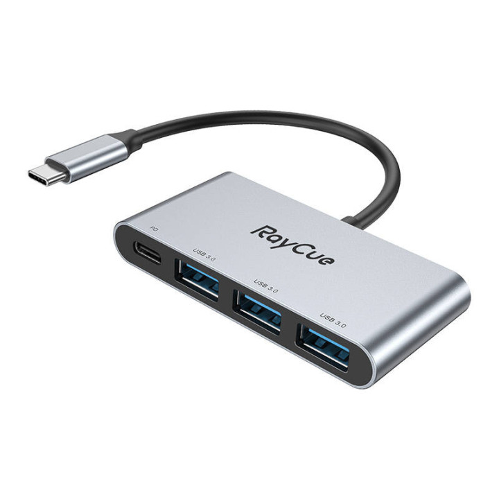 RayCue 4-in-1 centrmezgls USB-C līdz 3x USB-A 3.0 5Gbps + PD 3.0 100W (pelēks)