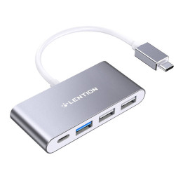 Lention 4in1 centrmezgls USB-C uz USB 3.0 + 2x USB 2.0 + USB-C (pelēks)