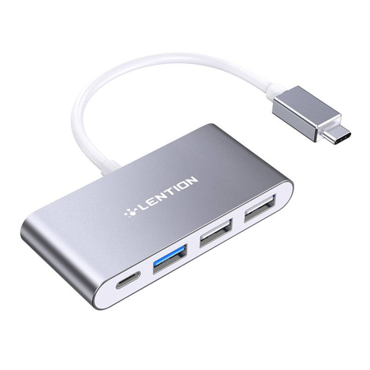 Lention 4in1 centrmezgls USB-C uz USB 3.0 + 2x USB 2.0 + USB-C (pelēks)