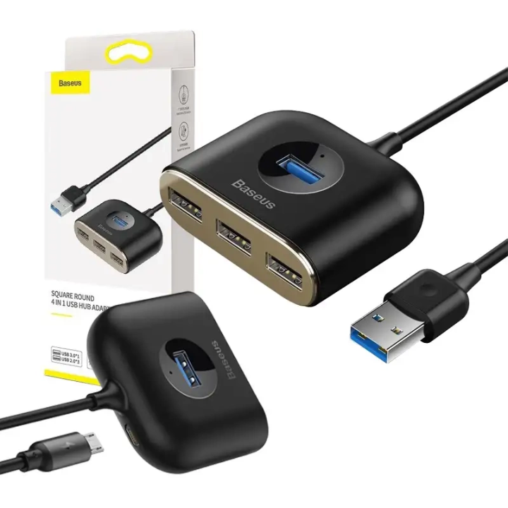 Baseus Square Round USB adapteris, HUB USB 3.0 līdz 1x USB 3.0 + 3x USB 2.0.1m (melns)