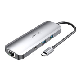 USB-C dokstacijas pie HDMI, USB-C, 2x USB3.0, RJ45, SD, TF, TRRS 3,5 mm, PD 0,15 m Vention TOMHB (pelēks)