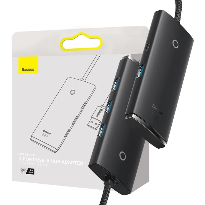 Hub 4w1 Baseus Lite Series USB līdz 4x USB 3.0 2m (melns)