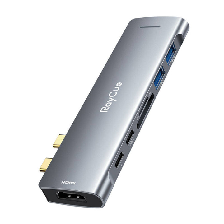 Hub 7w2 RayCue USB-C līdz 2x USB-A 3.0 5Gbps + SD/TF 3.0 + USB-C+ HDMI 4K30Hz (pelēks)