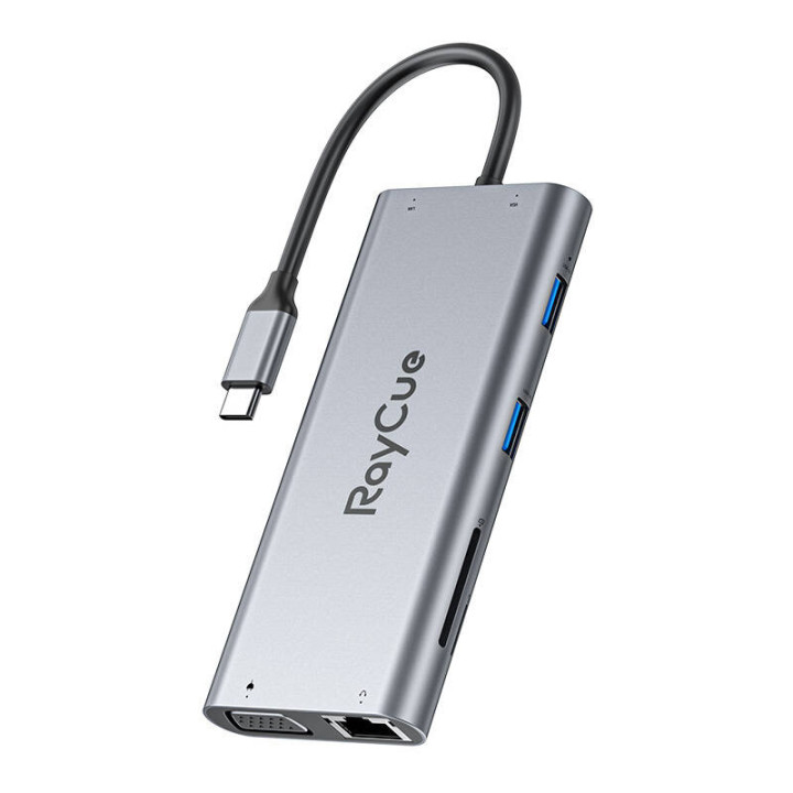 Hub 11w1 RayCue USB-C līdz 2x USB-A 2.0 480Mbps + 3x USB-A 3.2 5Gbps + SD/TF 3.0 + HDMI 4K30Hz + VGA 1080p + RJ45 + PD 3.0 100W 