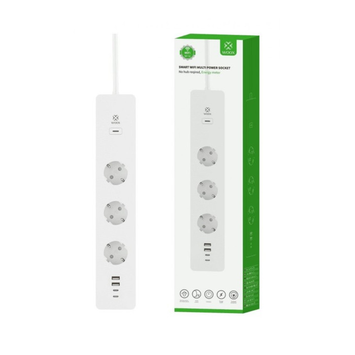 WOOX R6132 Intelligent Smart WiFi sloksne, 3 maiņstrāvas ligzdas, 2 USB 2.0 porti, 2 USB-C porti