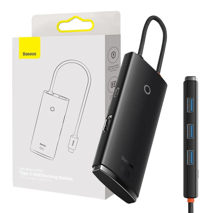 Baseus Lite Series Hub 5w1 USB-C līdz 3x USB 3.0 + USB-C + HDMI (melns)
