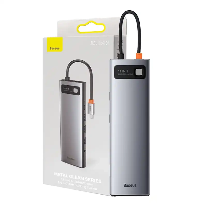 Концентратор 11 в 1 серии Baseus Metal Gleam, USB-C — 3 порта USB 3.0 + 2 порта HDMI + USB-C PD + Ethernet RJ45 + microSD/SD + V