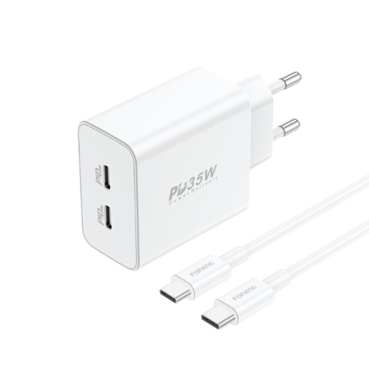 GaN Foneng EU50 lādētājs, 35 W 2x USB-C līdz Type-C līdz Lightning (balts)