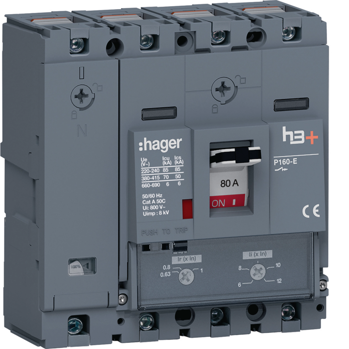 Автоматический выключатель Hager HES081DC MCCB h3+ P160, 4 полюса, 80A, 70kA, тепломагнитный