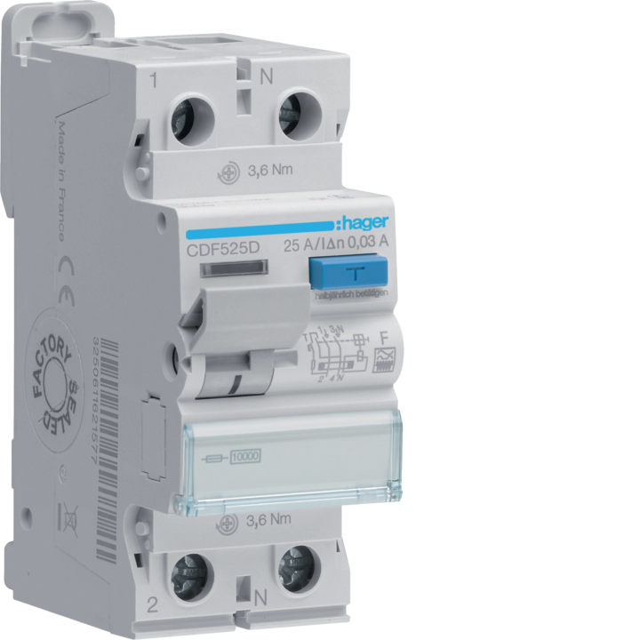 УЗО Hager CDF525D, 1P+N, 25A, 30mA, Тип F