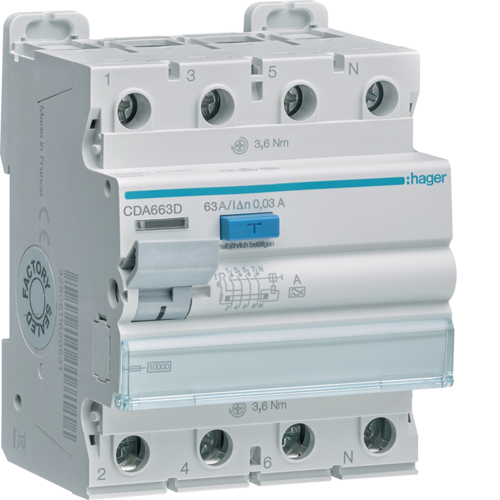 Hager CDA663D RCCB 3P+N 63A 30mA Type A